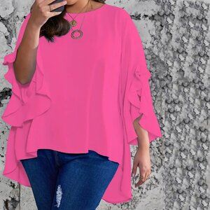 High Low Hem Flared Ruffled Sleeve Blouse Top